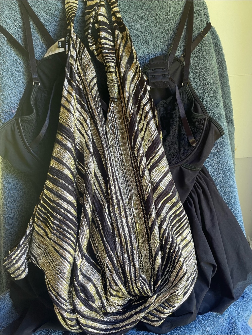Fashion Nova Black and Gold Metallic Striped Halter Top